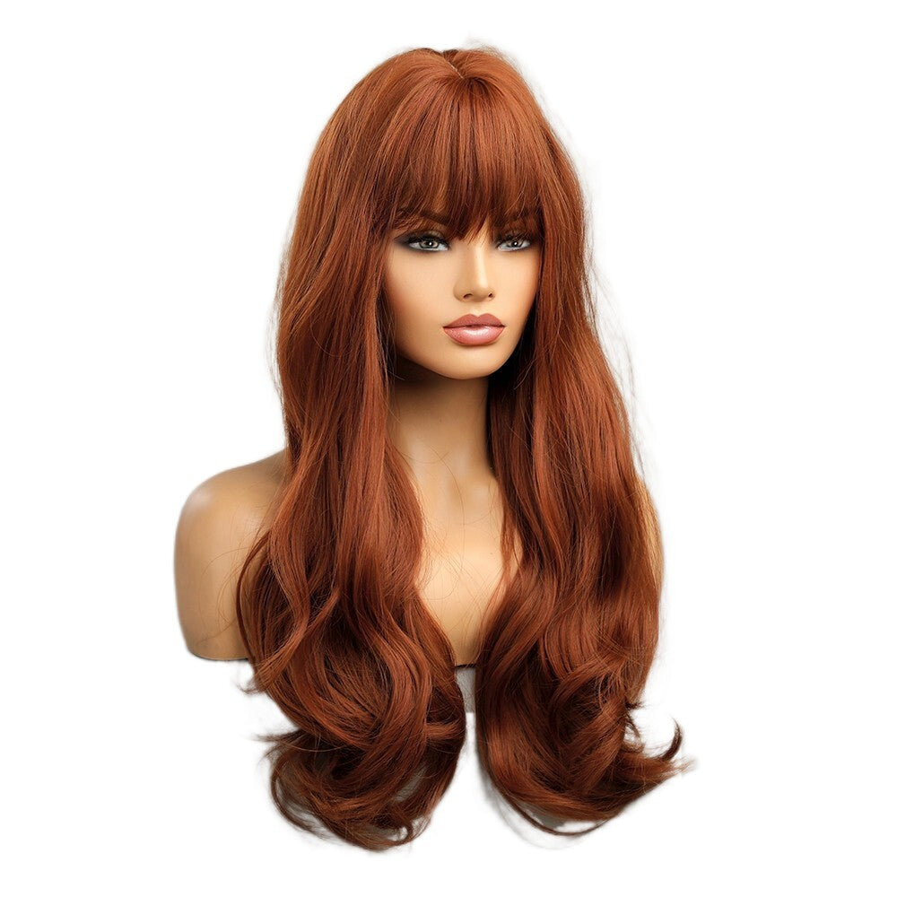 Copper Red Long Wavy Synthetic Wig with Bangs - Heat Resistant & Tangle-Free