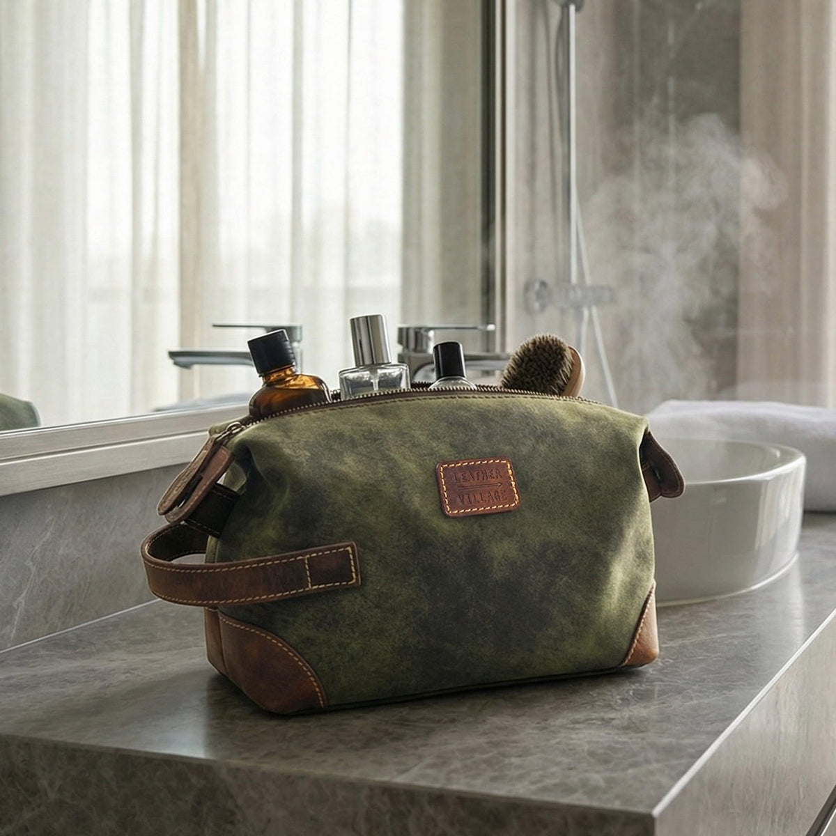 Genuine Leather Travel Toiletry Bag Waterproof Shaving Kit Organizer