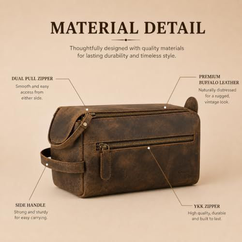 Buffalo Leather Toiletry Bag for Men & Women — Travel Organizer, Distressed Tan