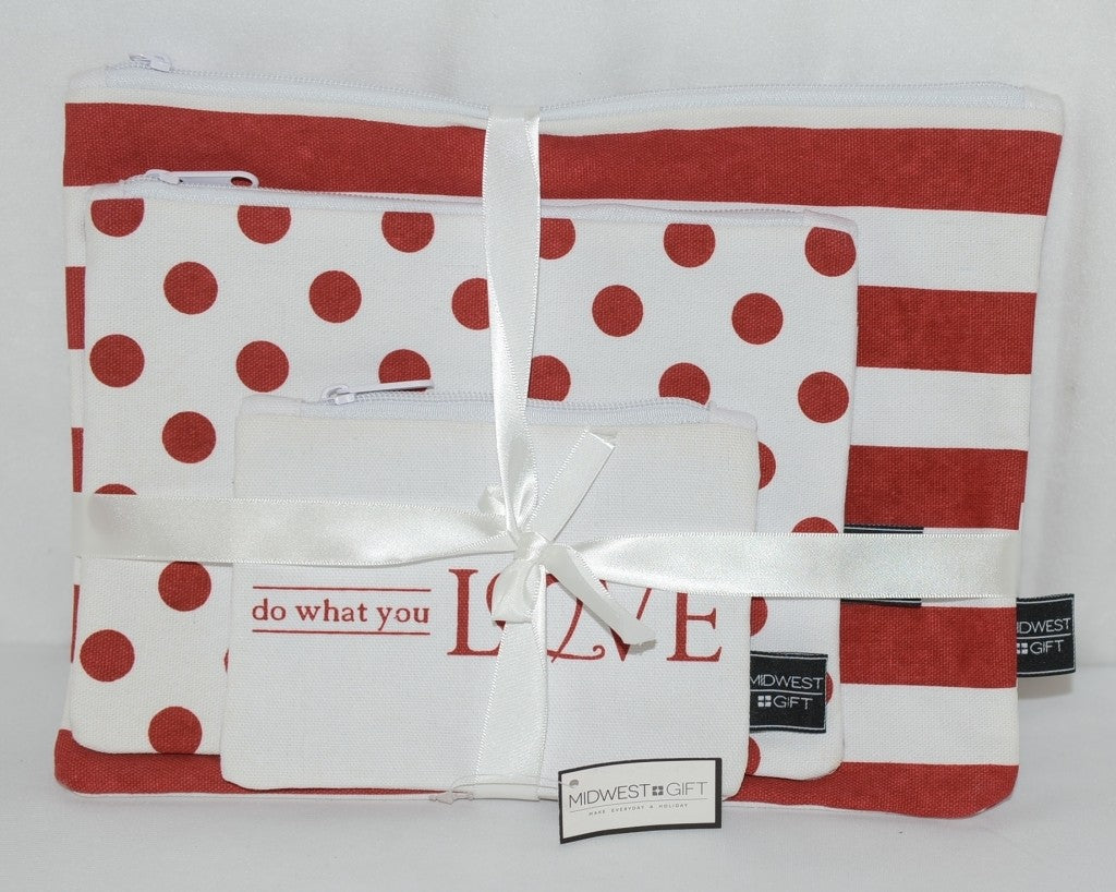 Cosmetic Bag Set - 3 Piece Red & White Canvas Zip-Up Travel Makeup Bags