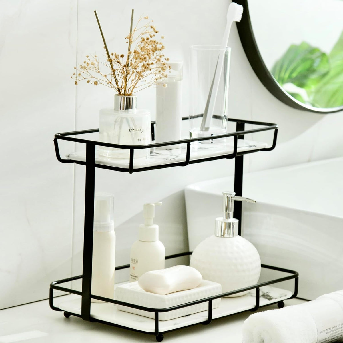 2-Tier Marble Finish Cosmetic Display Shelf with Ceramic Trays