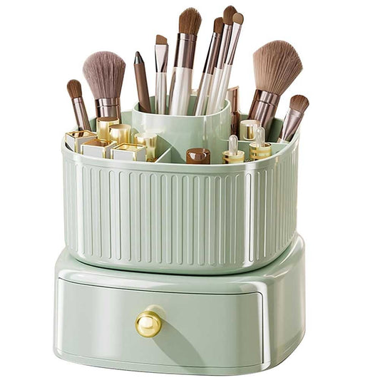 360° Rotating Makeup Organizer with 5 Compartments and Drawer - Large Capacity