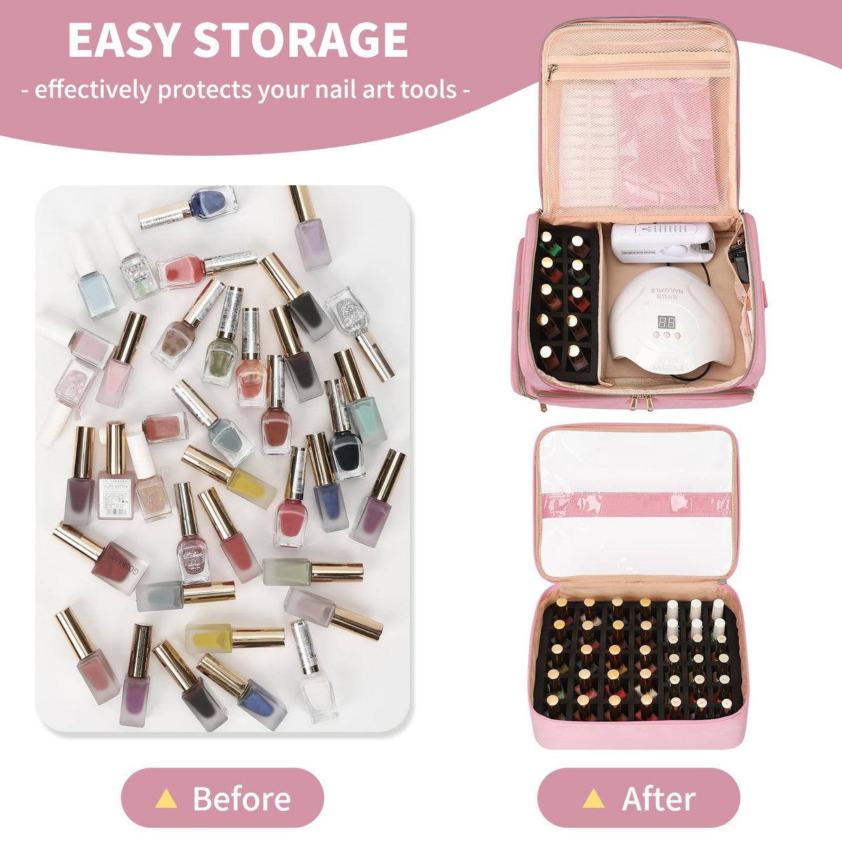 Light Pink Nail Polish Organizer Case with 86 Slots, Double Layer & Removable Pouches