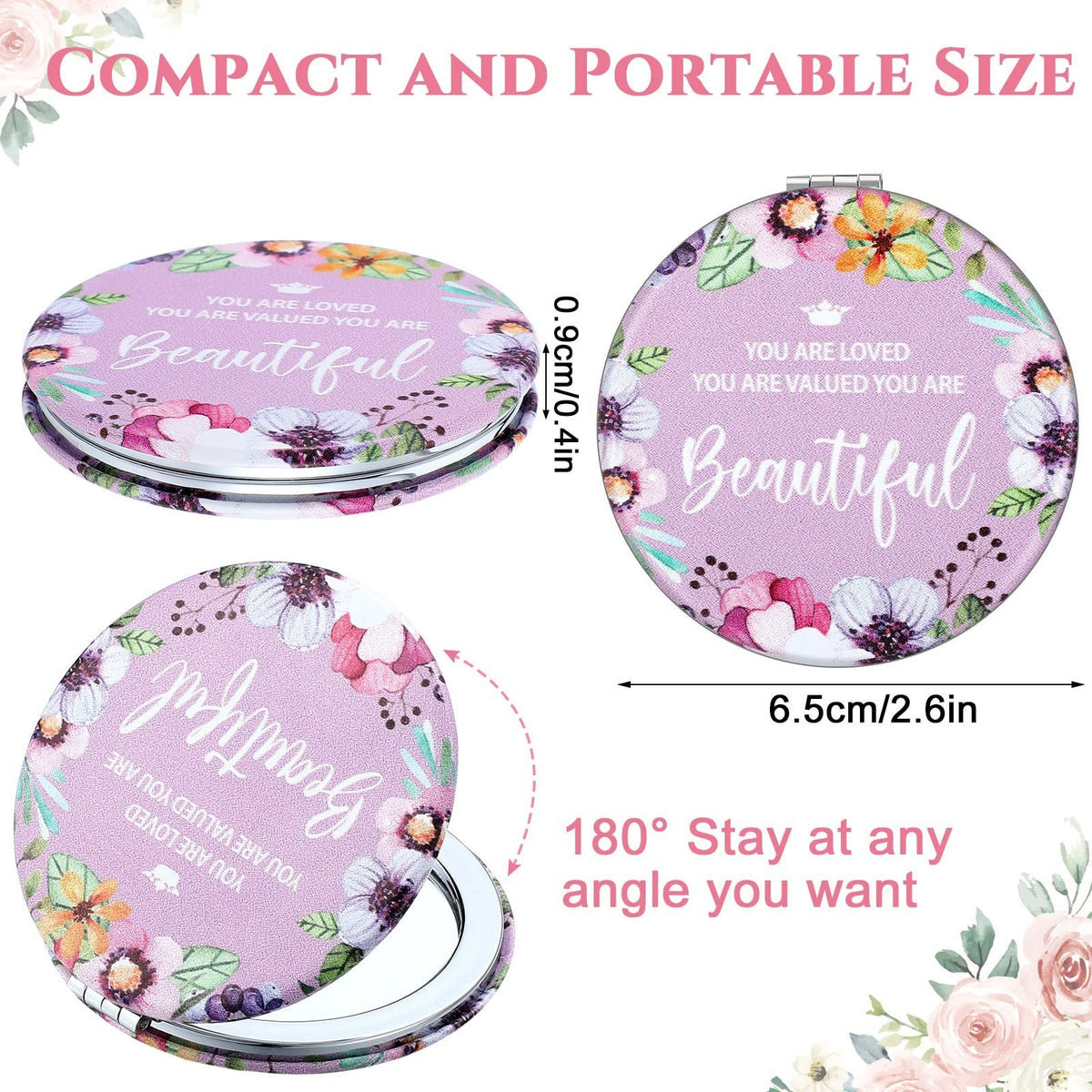 Set of 10 Floral Inspirational Compact Pocket Mirrors for Women & Girls