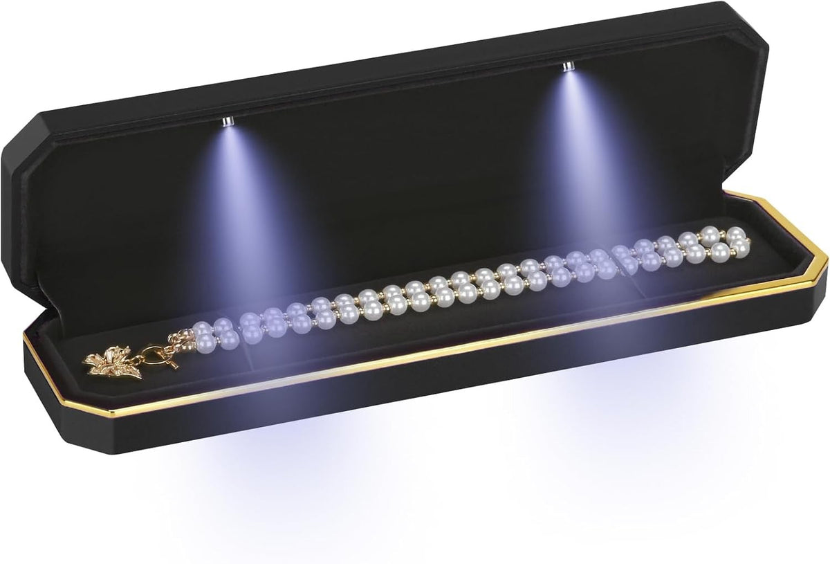 LED Necklace with Long Chain and Lighted Jewelry Box - Black