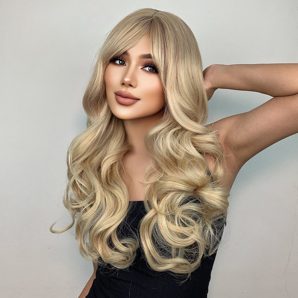 Long Wavy Synthetic Wig Blonde Costume Hair with Fringe Heat Resistant