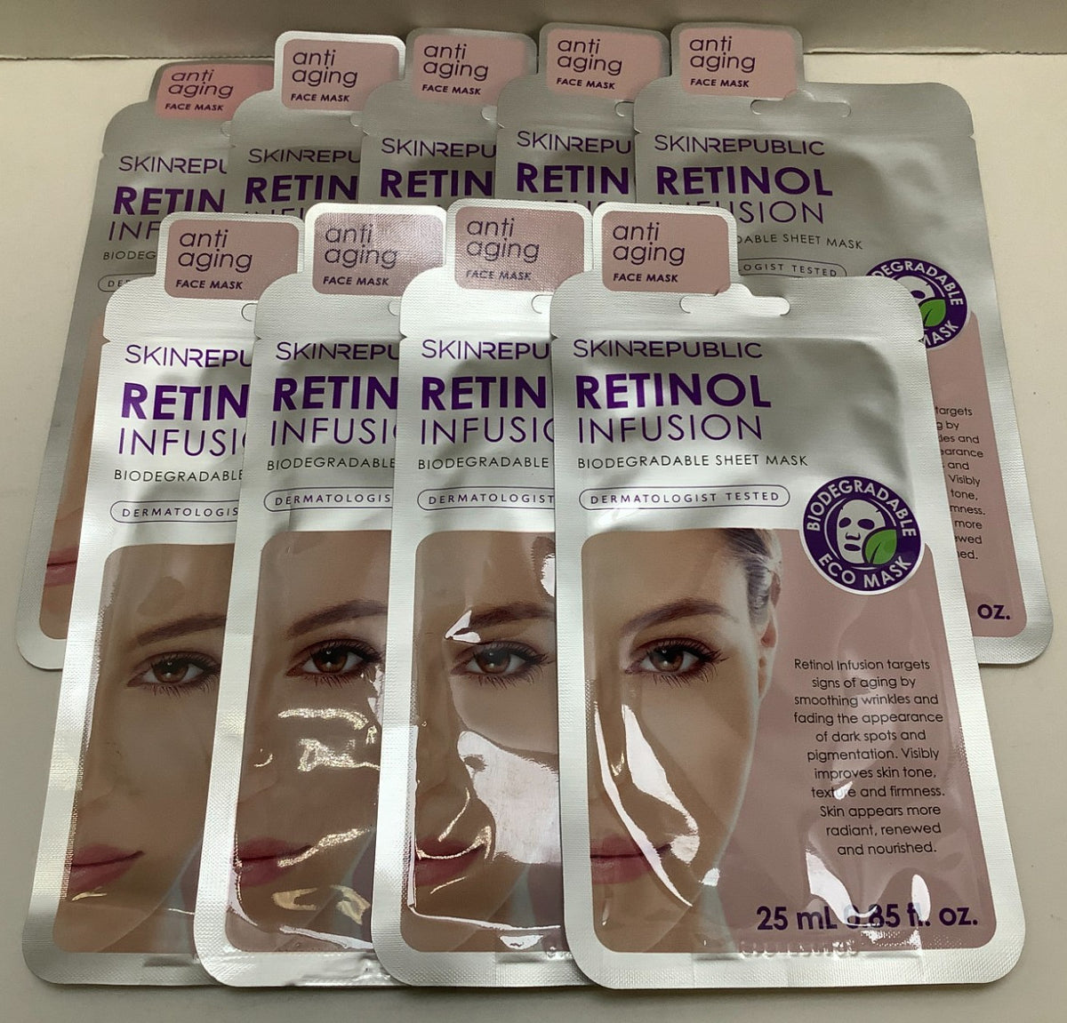 Retinol Infusion Biodegradable Sheet Mask, Anti-Aging - 9 Pack