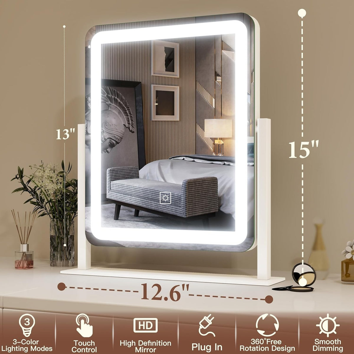 LED Vanity Mirror with Lights 15x12.6 Touch Screen Dimmable Cosmetic Makeup