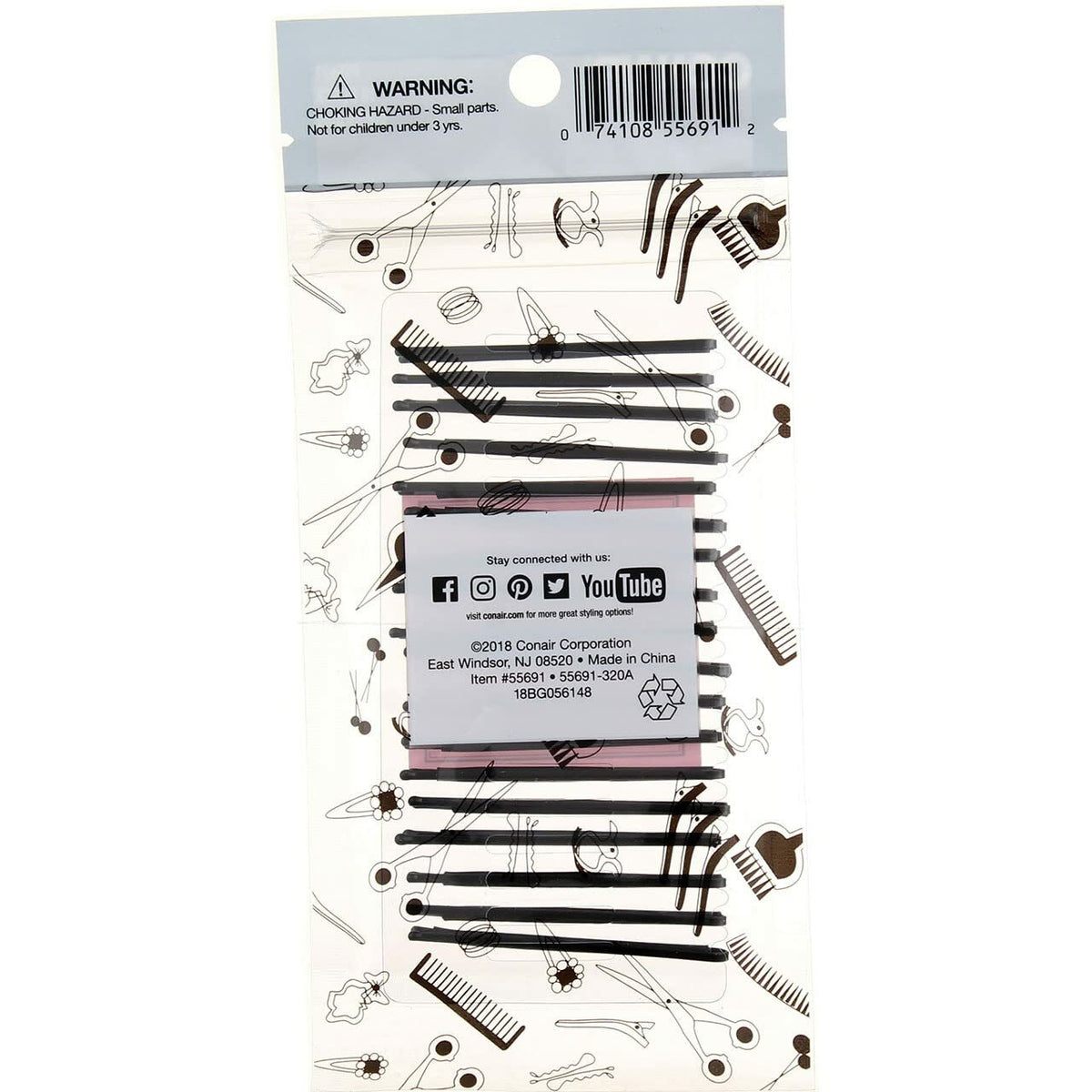 Lot of 5 Conair Dent Free Bobby Pins, Black, 18 Ct Each Total 90 Pins