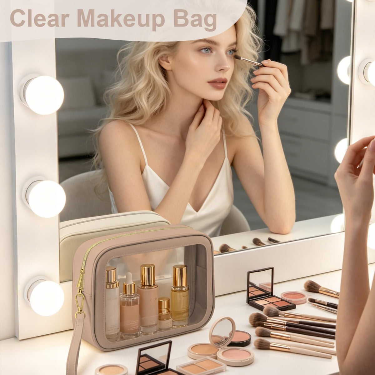 Clear Makeup & Toiletry Bags Set with Handles - Waterproof Khaki 2-Pack