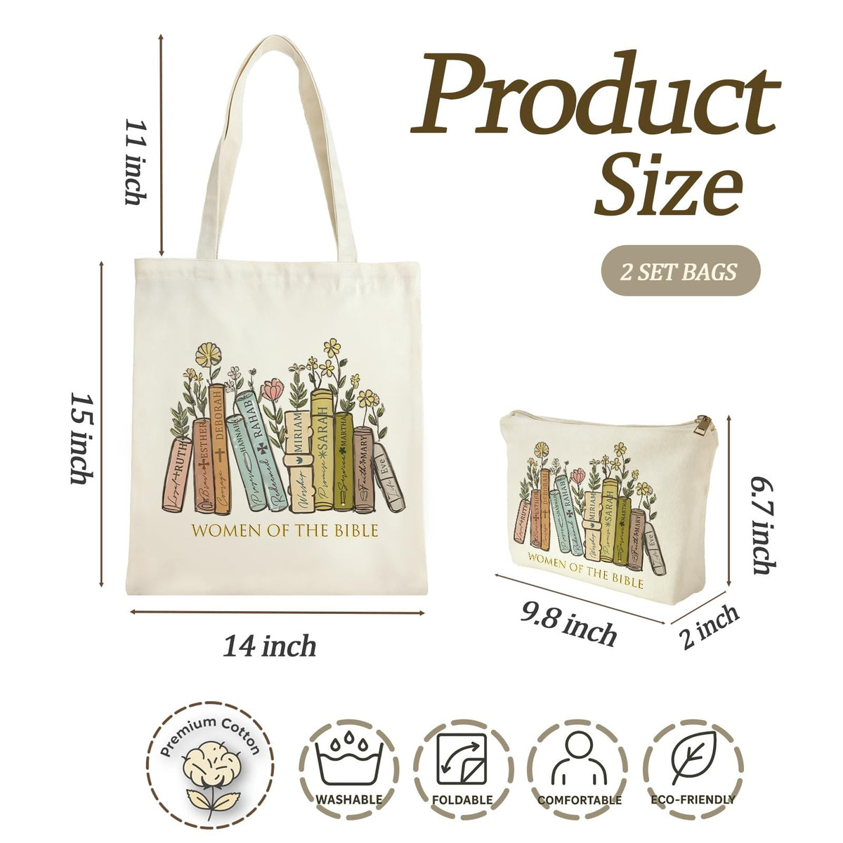 Large Canvas Tote and Makeup Bag Set with Bible Verse Inspirational Design