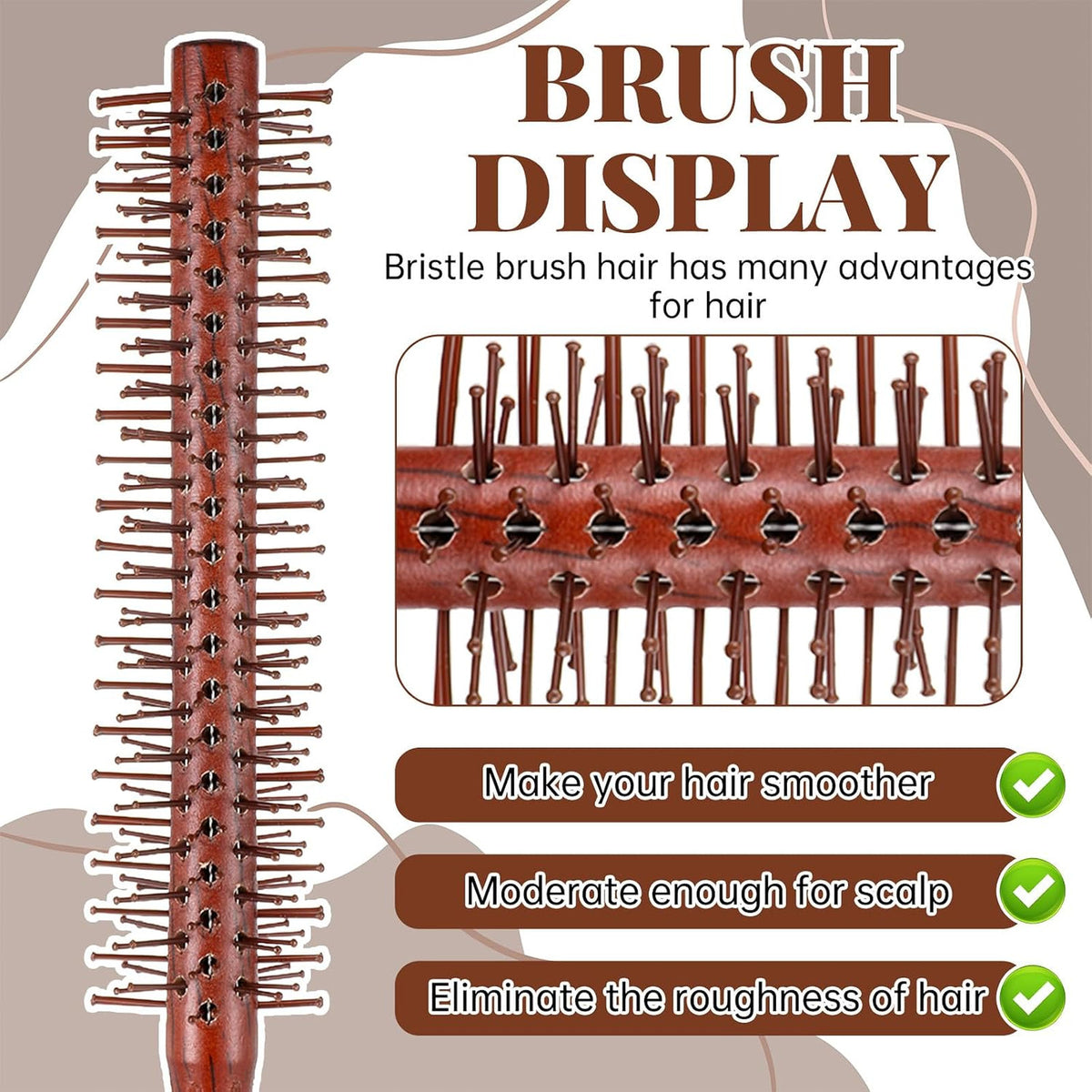 Round Hair Brush for Styling and Detangling - Wooden Handle, Nylon Bristles, 10x1.5 Inch