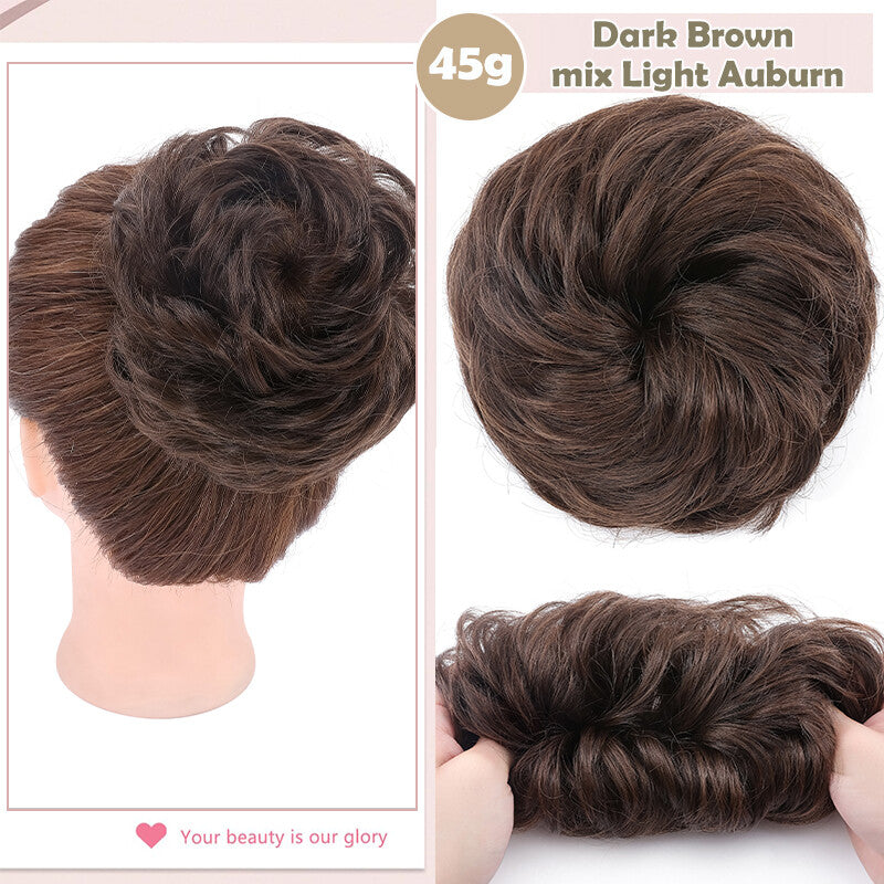 Natural Human Hair Messy Bun Ponytail Extensions with Curly Scrunchie Updo