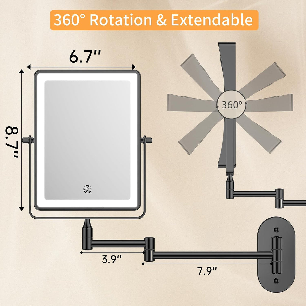 Rechargeable Wall Mounted Makeup Mirror with Lights and Magnification