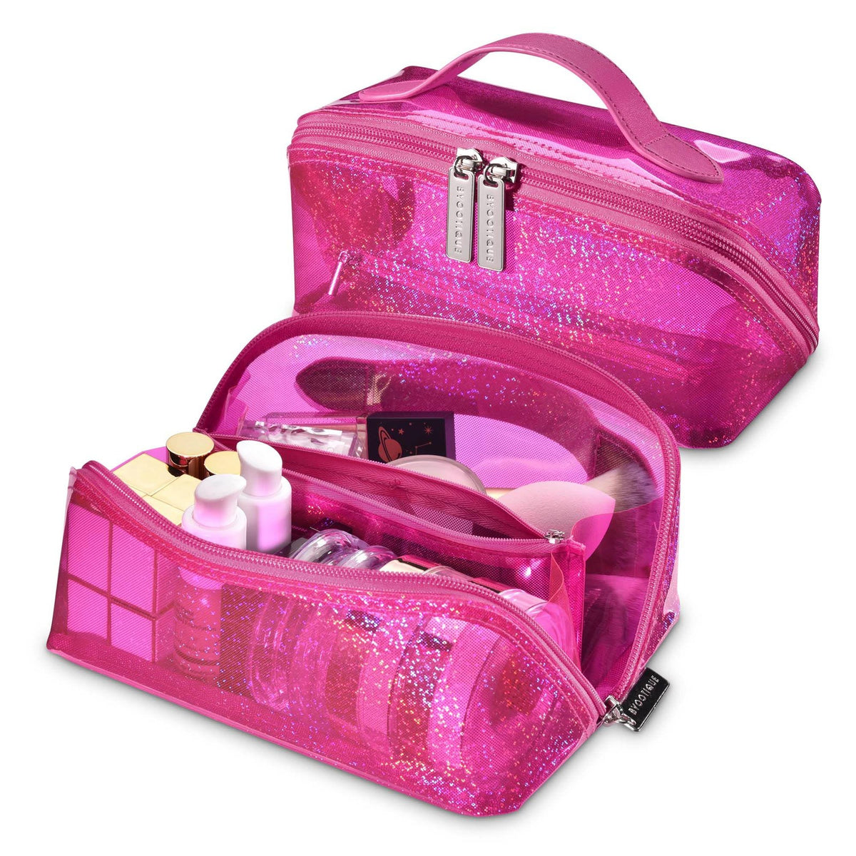 Pink Water-Resistant Makeup Organizer Bag with Multiple Compartments