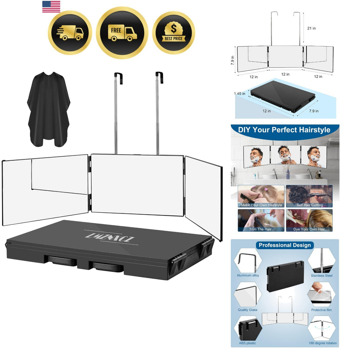 3-Way Mirror for Self Hair Cutting, 360 Degree Viewing, Portable Tri Fold Barber Mirror with Adjustable Hooks