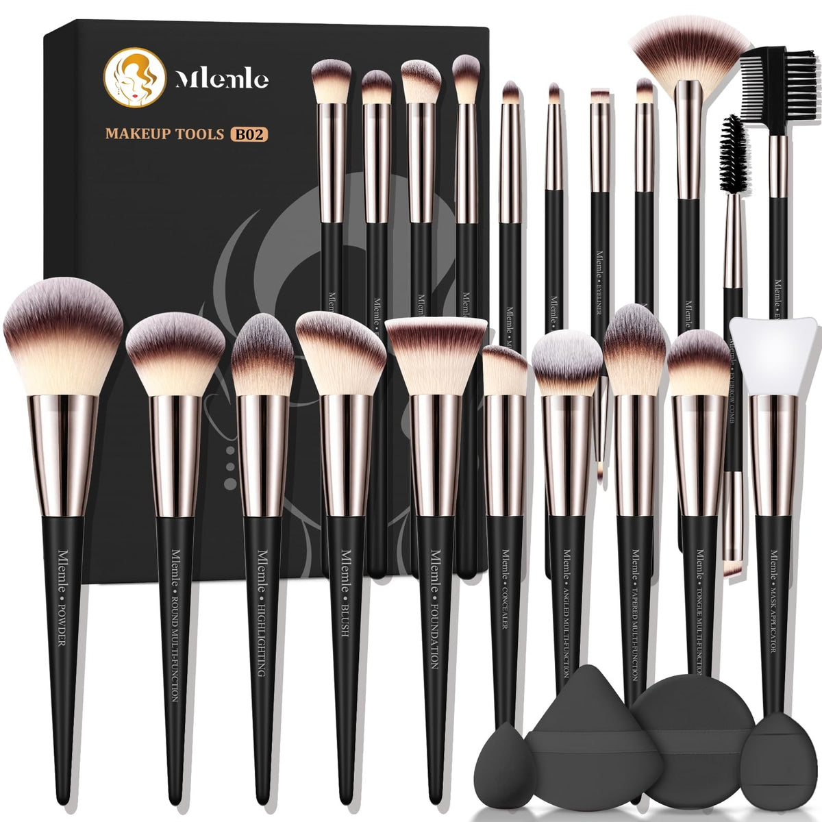 Professional Makeup Brush Set 25 Pcs with Sponges & Puffs - CreamBlack