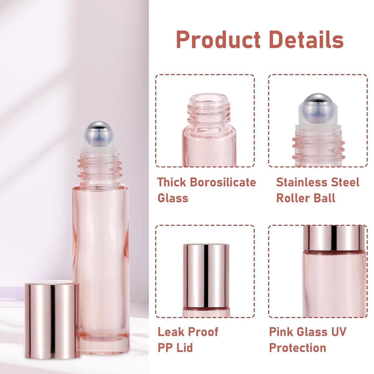 Glass Roller Bottles Set with Rose Gold Caps - 8 Pack 10ml Travel Essential Oil Containers