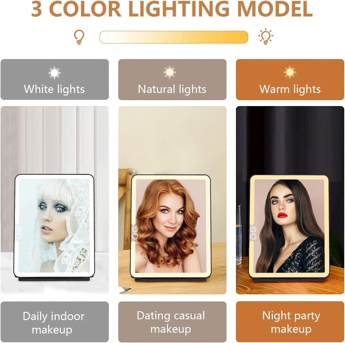 Portable Travel Makeup Mirror with Dimmable LED Lights, Touch Screen, Compact