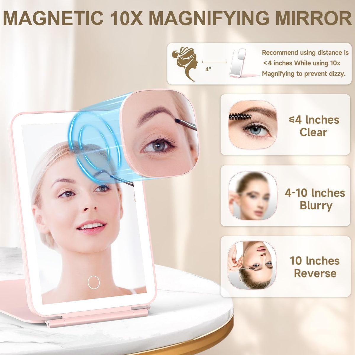 LED Foldable Travel Makeup Mirror - 5x6 Inch Touch Screen with 3 Light Modes