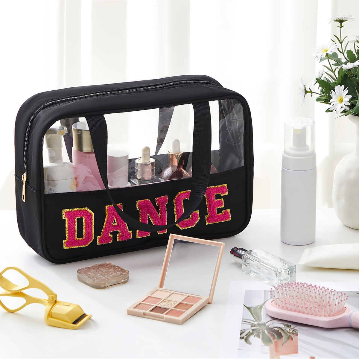 Clear Travel Toiletry Bag for Women with Handle & Zipper - Waterproof Nylon Cosmetic Organizer