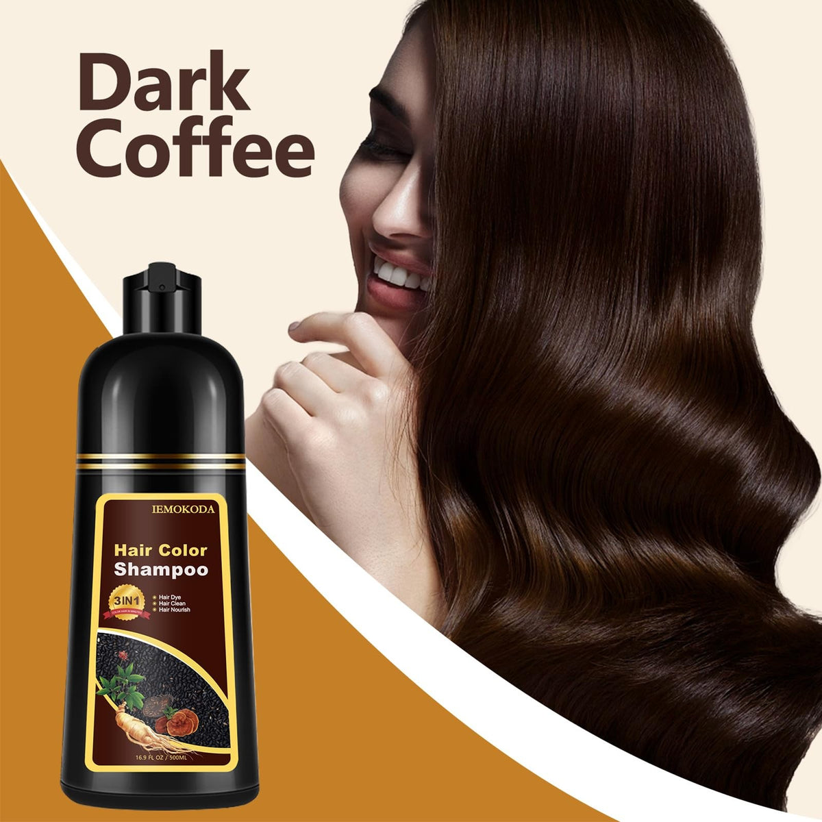 Instant Dark Coffee Hair Dye Shampoo for Gray Hair, 3-in-1 Formula
