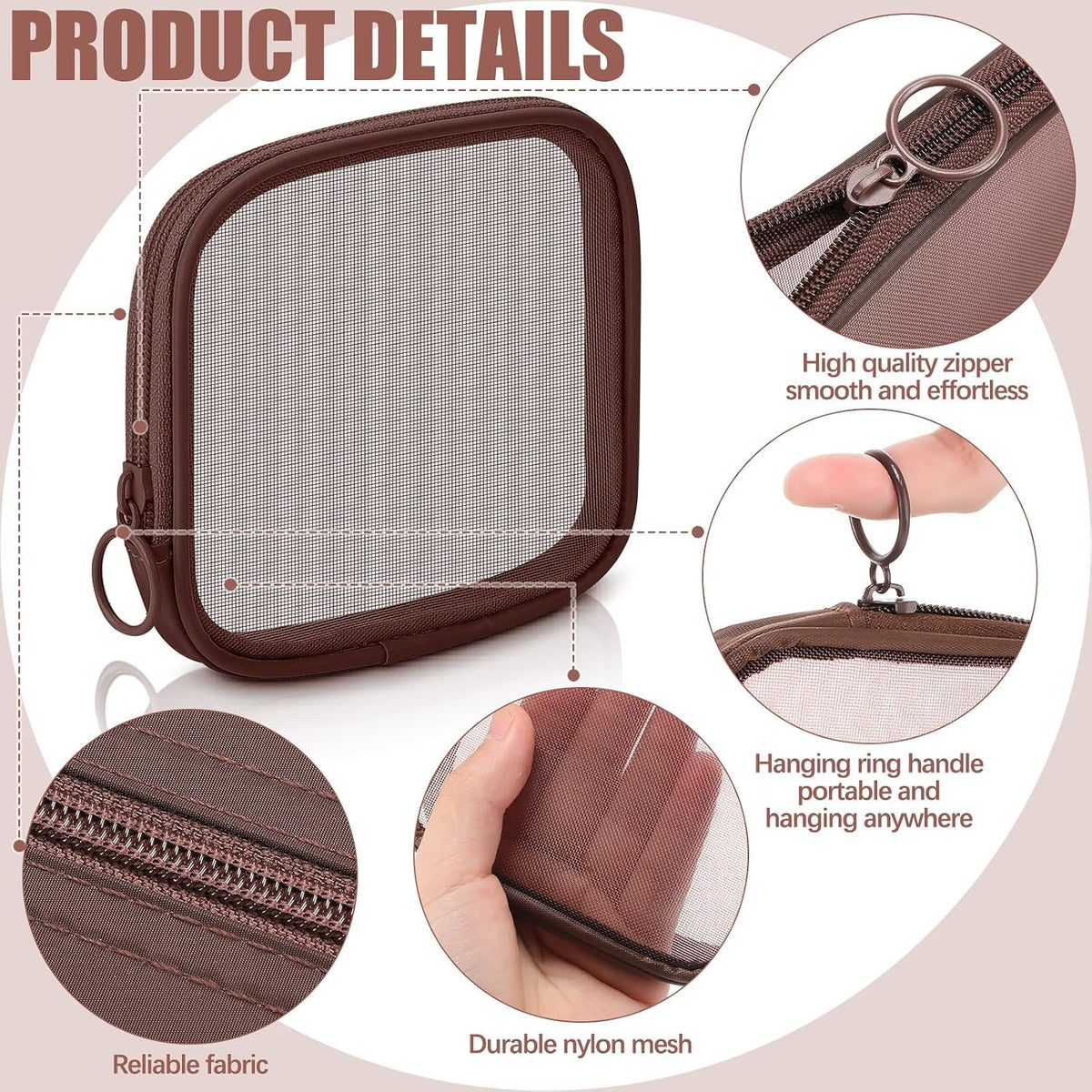 Small Mesh Makeup Bag - Brown, Portable Cosmetic Organizer