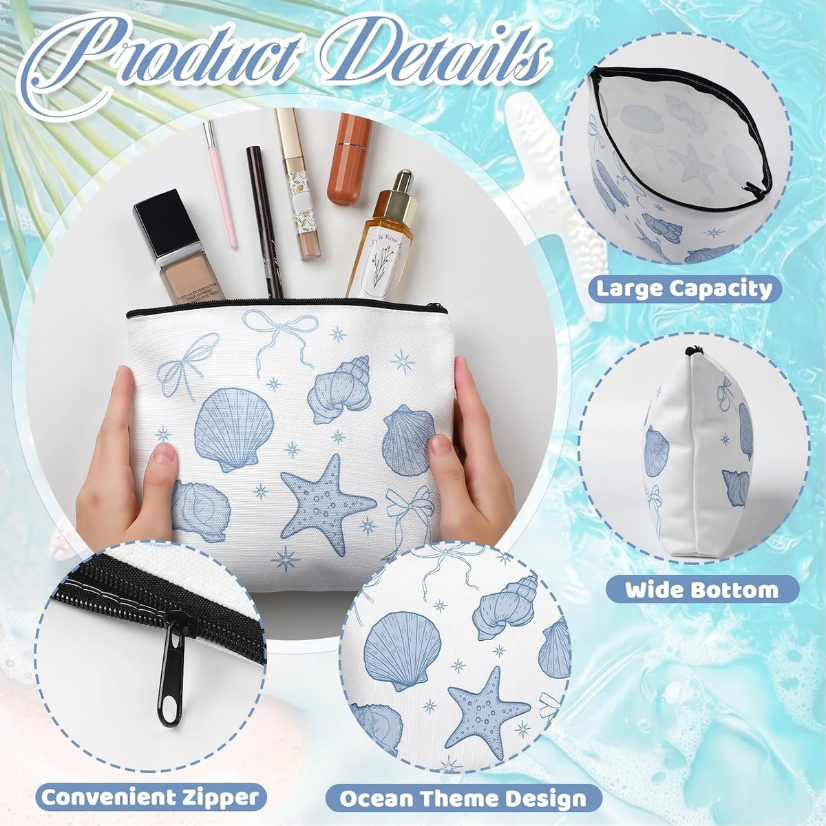 Set of 10 Ocean-Themed Makeup Bags for Cosmetics – Zipper Pouch Gift Set