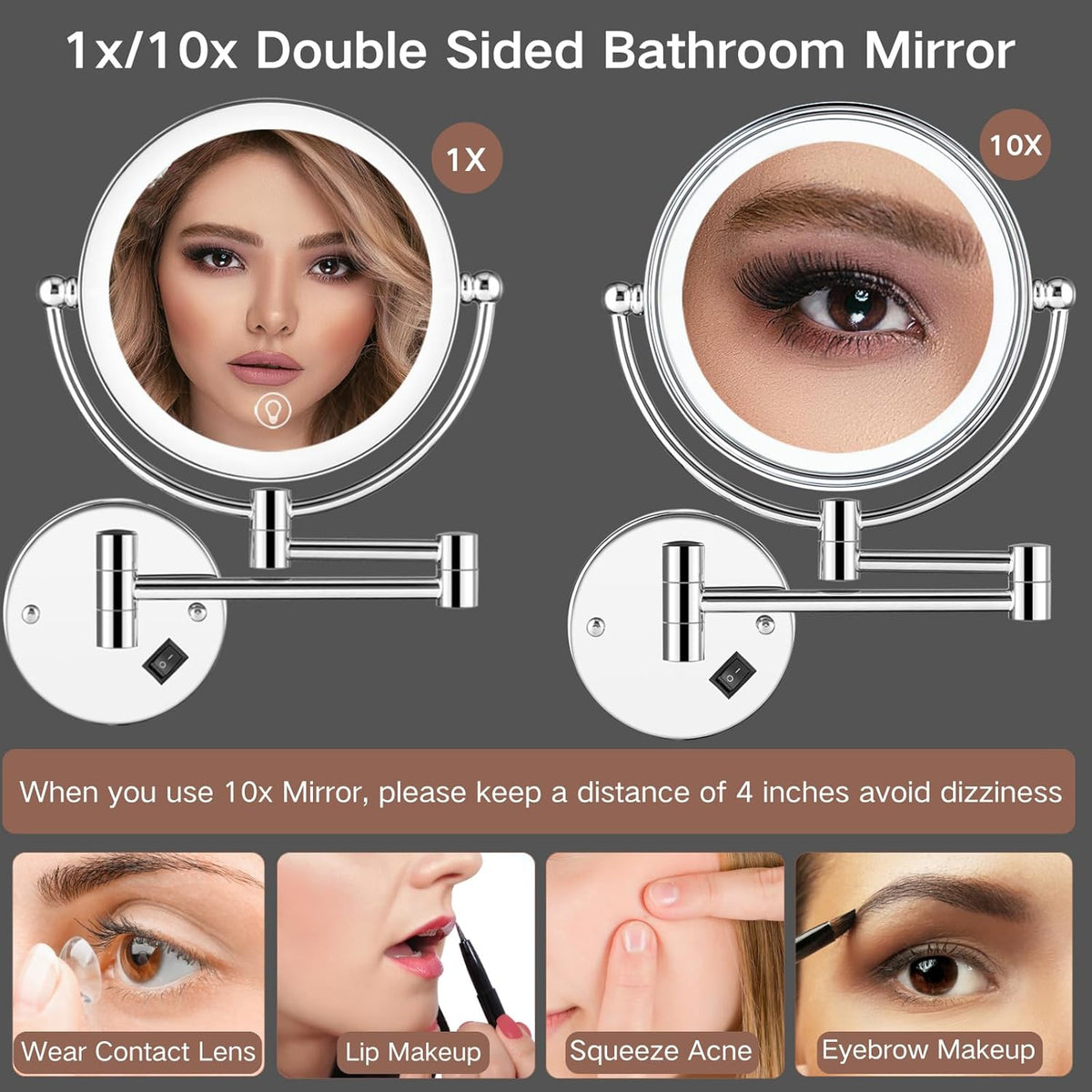 8-Inch Wall Mounted Lighted Makeup Mirror with 10X Magnification and LED Lighting