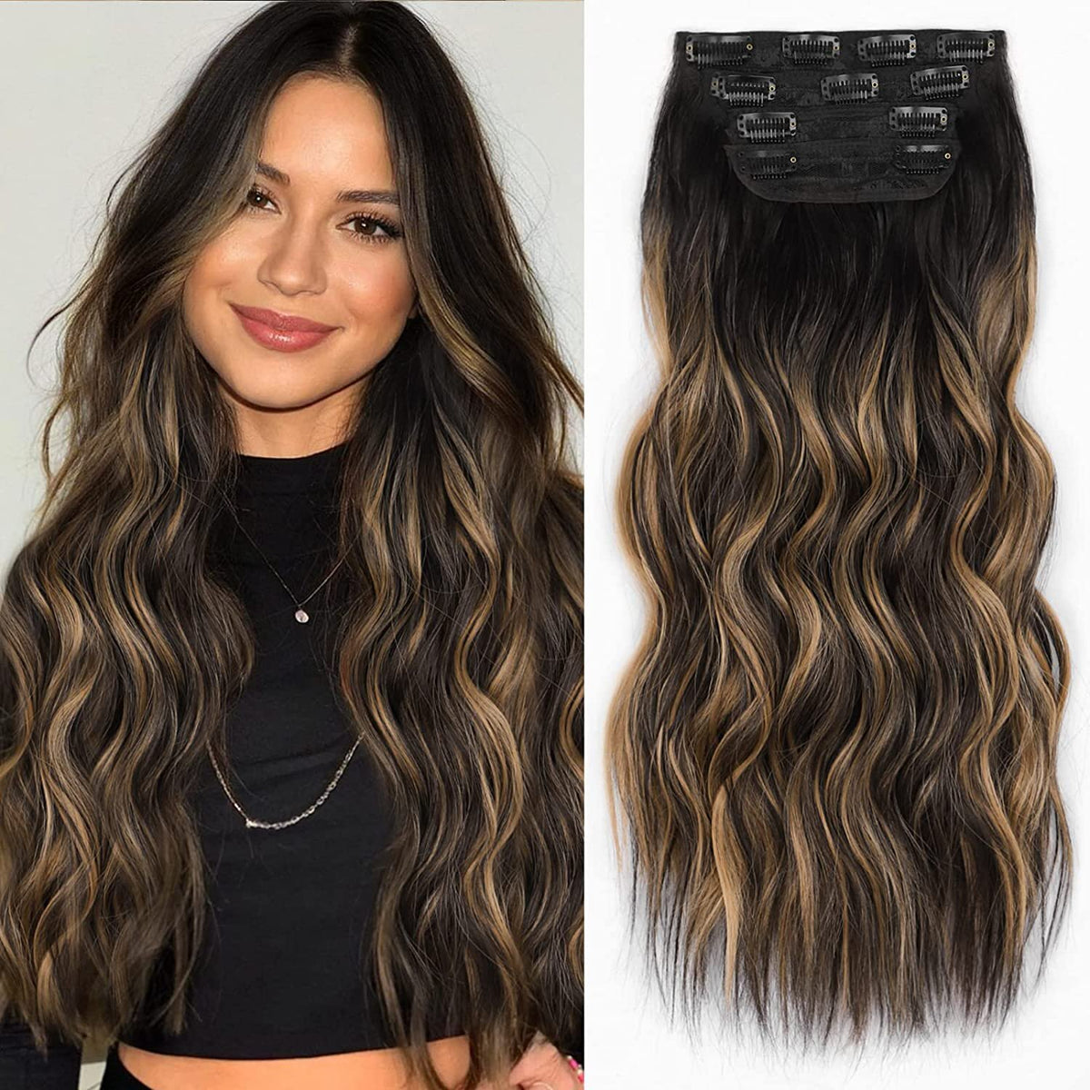 4PCS Clip-In Wavy Hair Extensions Long Synthetic Weft - Natural Blonde to Brown