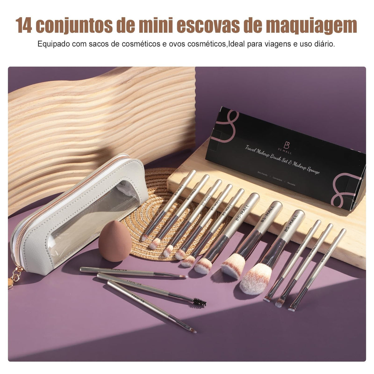 Travel Makeup Brush Set 14 Pcs with Sponge – BS-MALL Champagne