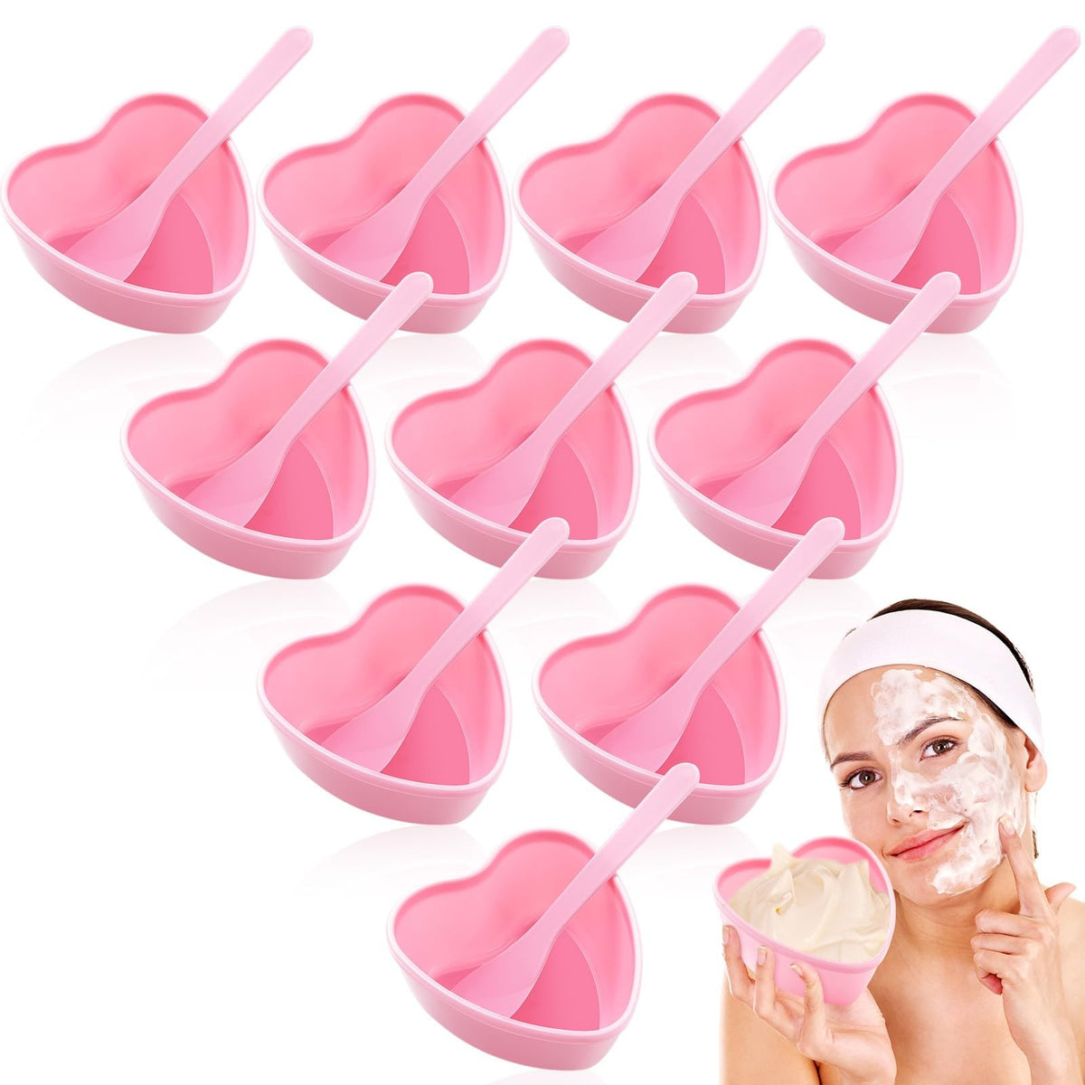 Facial Mask Bowls and Spatula Set - Pink Heart-Shaped 10-Pack for Skincare