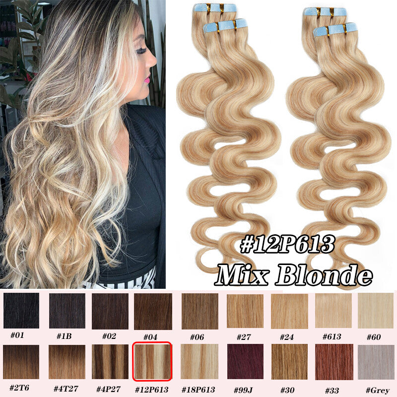 Tape-In Human Hair Extensions - Thick Ombre Curly Wavy Skin Weft