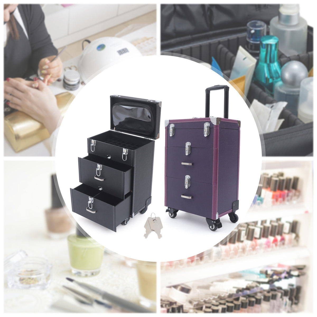 3-Tier Rolling Makeup Organizer Case with Wheels for Cosmetics and Nail Polish Storage