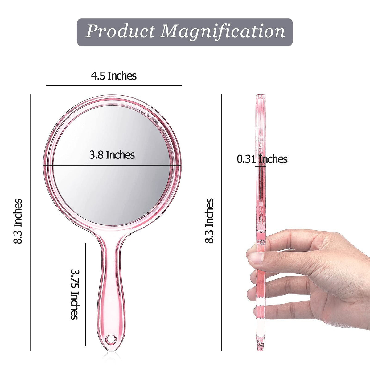 Double-Sided Hand Mirror 1x/2x Magnifying with Handle - Pink