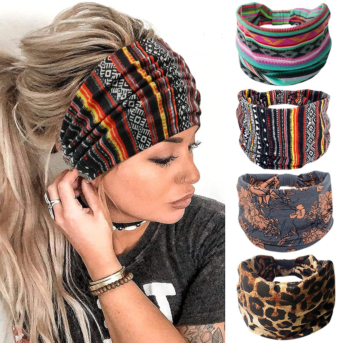 Wide Headbands for Women, 4 Pack Boho 1 Count (Pack of 4), Print