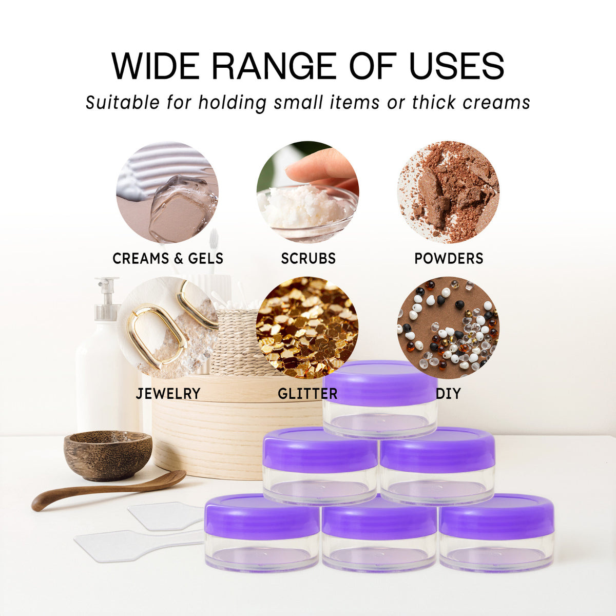 72-Pack 10G Cosmetic Sample Jars with Spatulas - Reusable Acrylic Containers