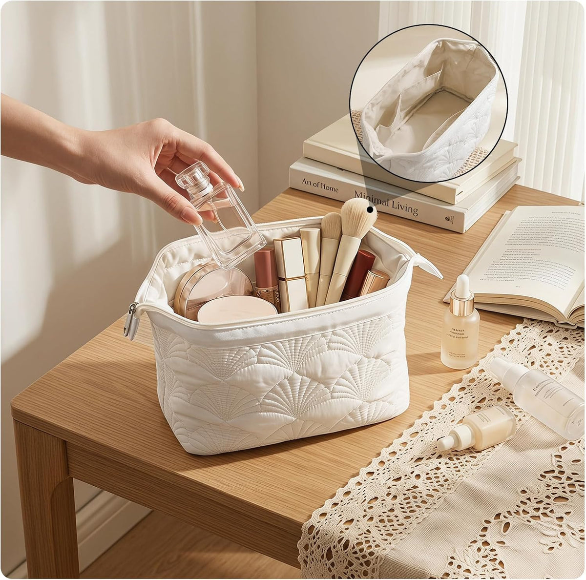Travel Makeup Bag for Women - White Shell Padded Cosmetic Pouch with Wide Opening