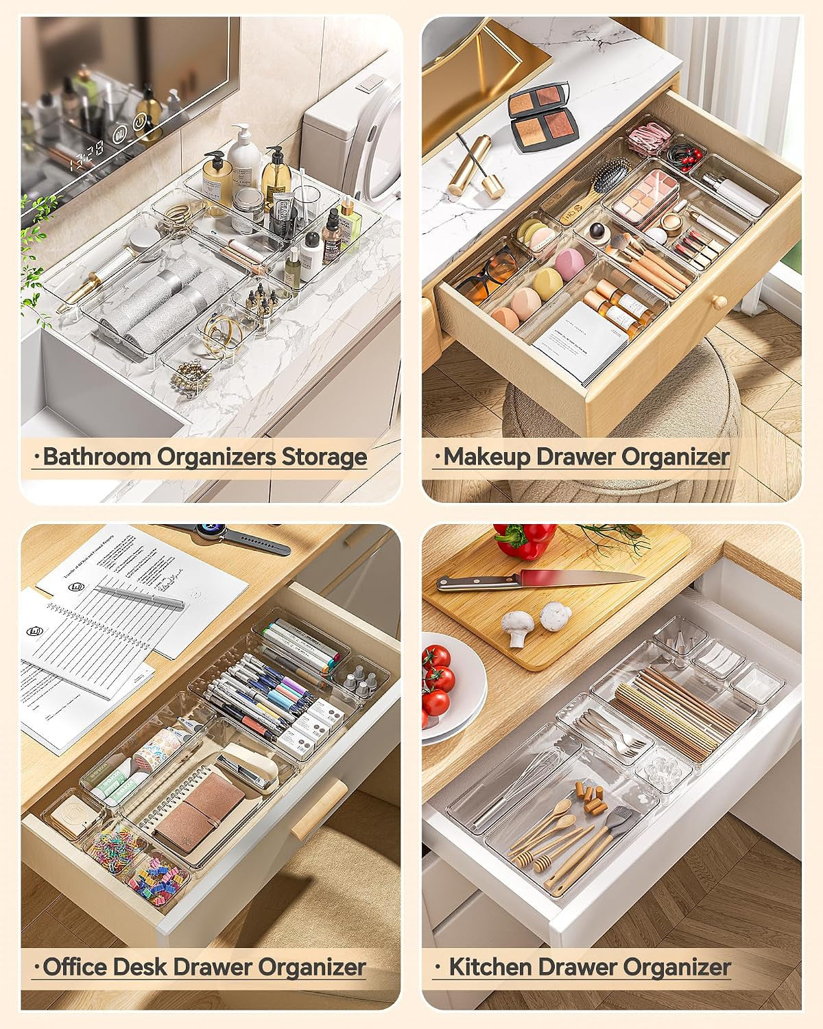 25 Pcs Plastic Drawer Organizer Set - Multi-Size Storage Bins for Makeup, Vanity, Kitchen & Office