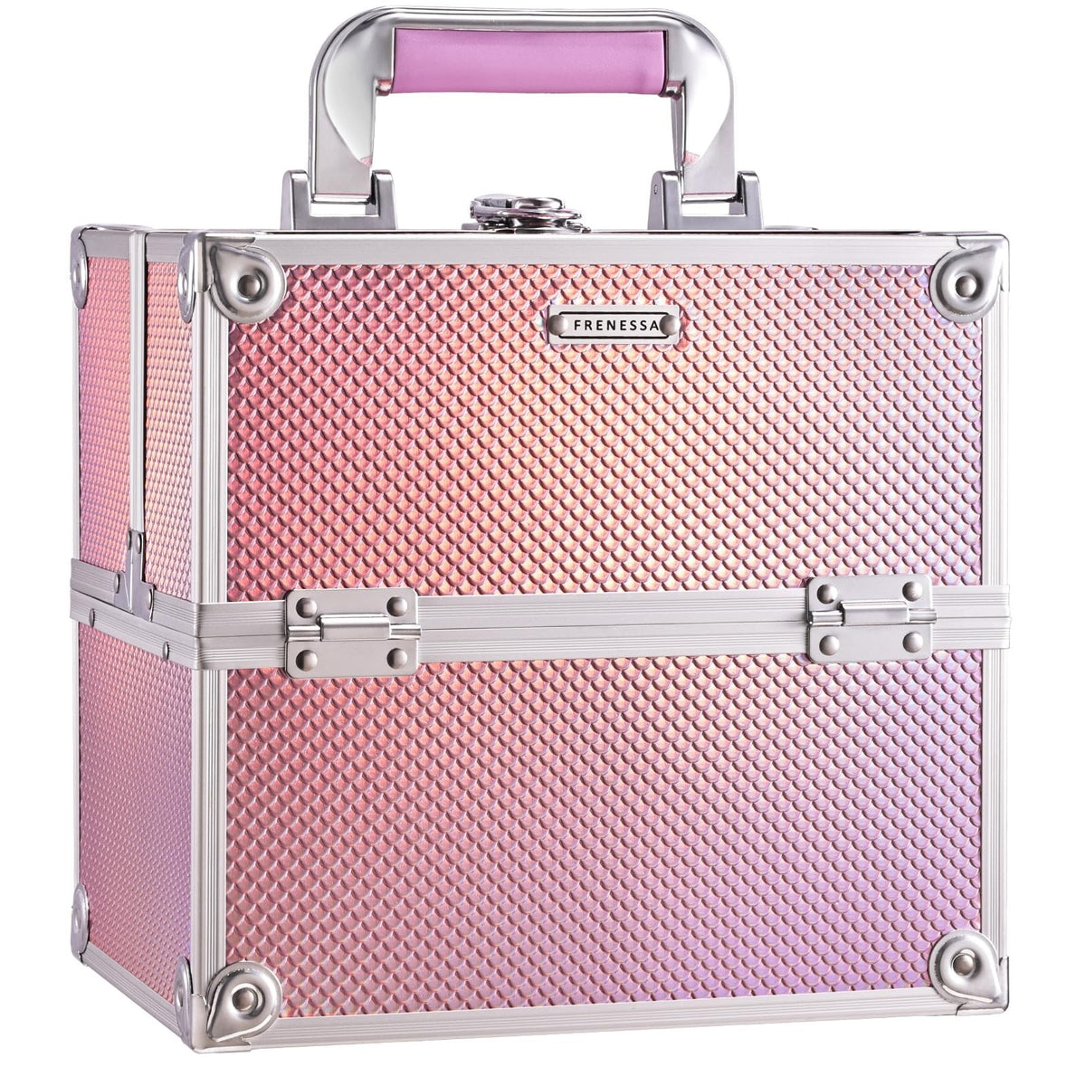 Travel Makeup Case Organizer with Lockable 4-Tier Trays - Mermaid Pink
