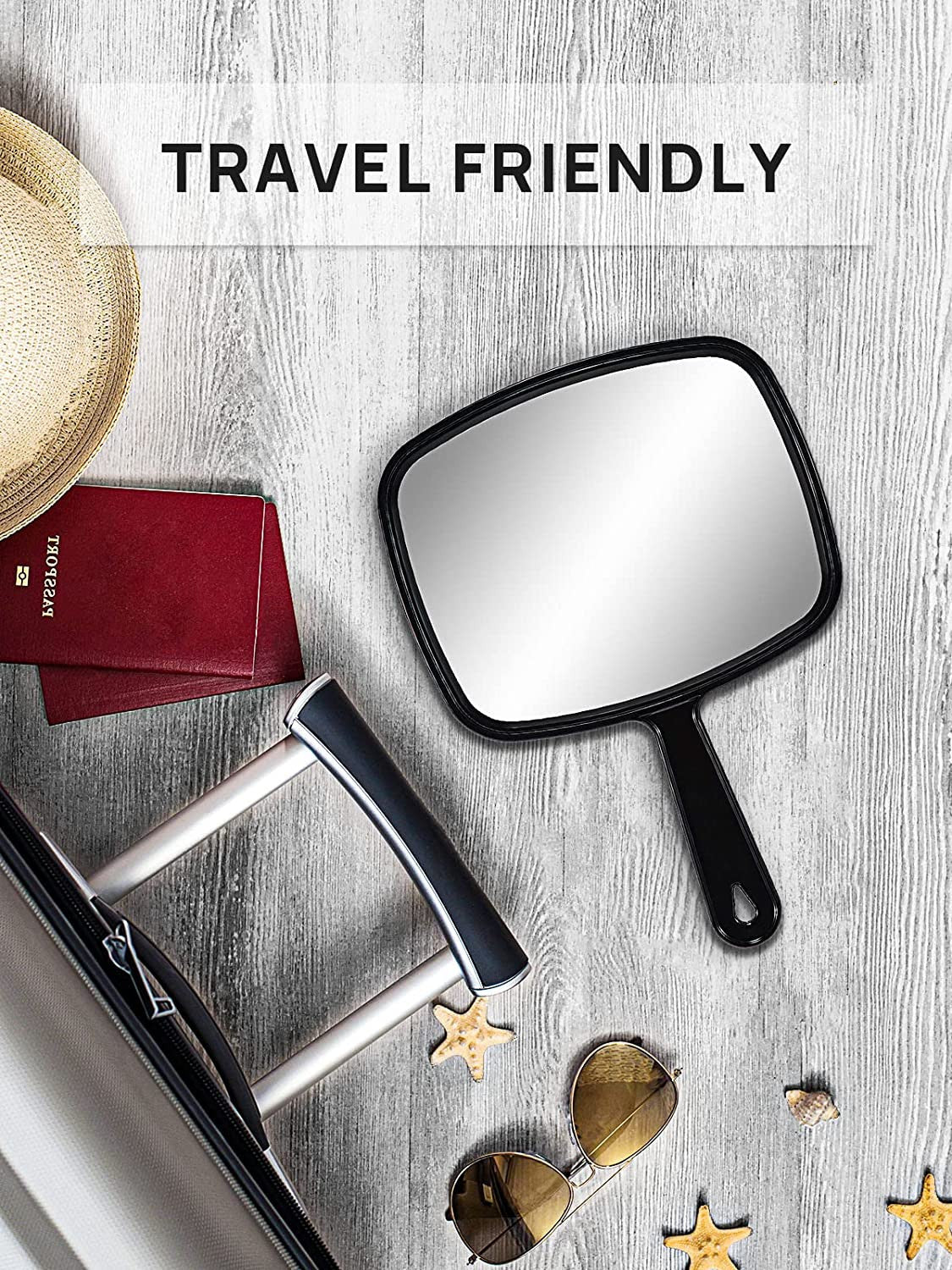 Black Handheld Mirror with Handle - 9.3 x 6.6 Inches, HD Reflection