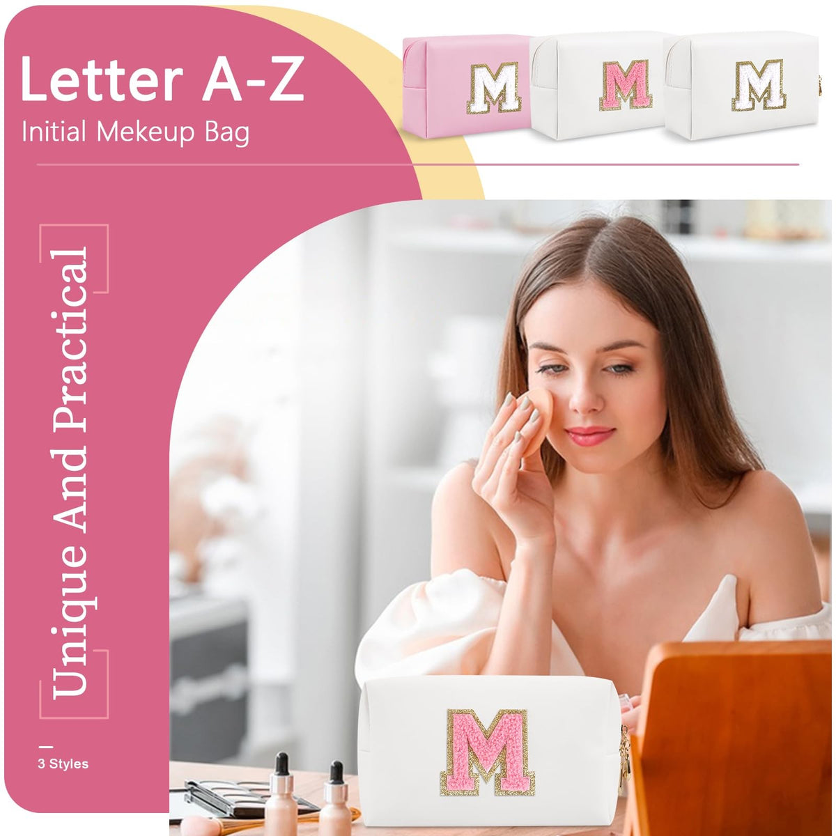 Personalized Makeup Bag with Initial Letter - Waterproof PU Cosmetic Pouch