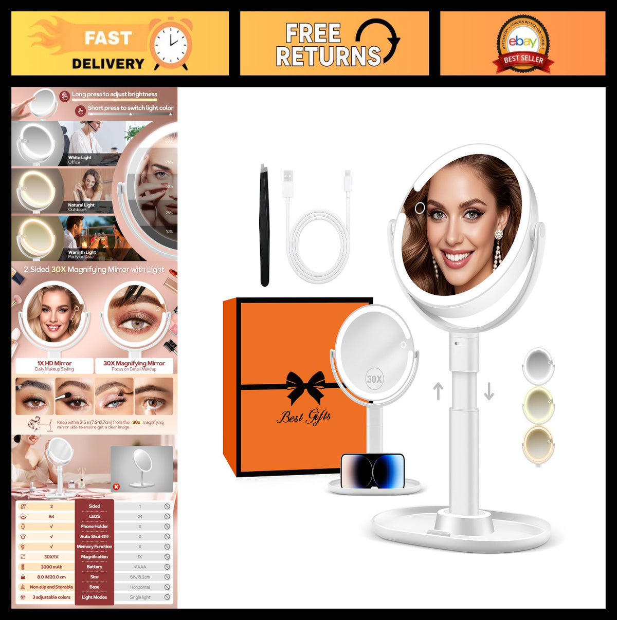Rechargeable Illuminated Vanity Mirror with 30X Magnification & 3 Lighting Modes