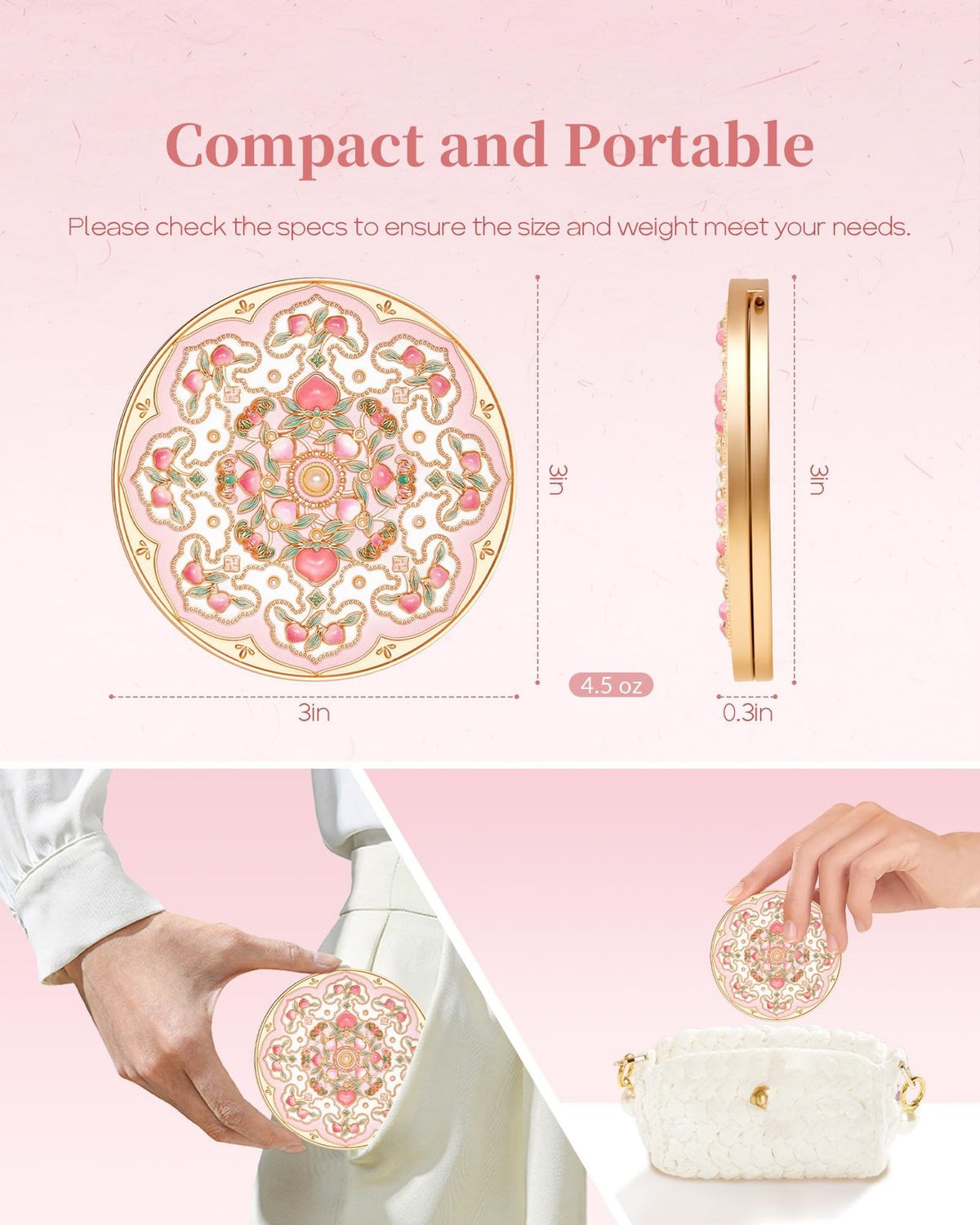 Pearl Bloom Compact Mirror with 2X Magnification - Pink Pocket Makeup Mirror