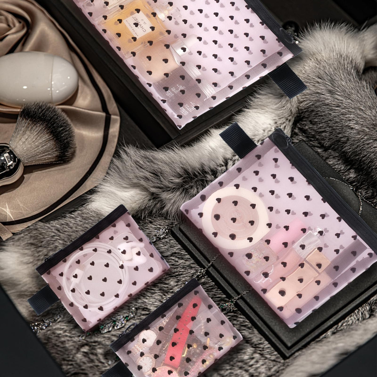 4-Piece Mesh Makeup Bag Set with Heart Print - Travel Cosmetic Organizer