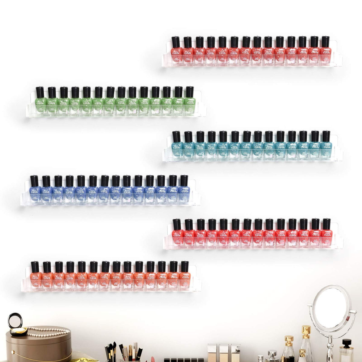 15-Inch Acrylic Wall Mount Nail Polish Organizer Shelf with 6 Tiers, Clear