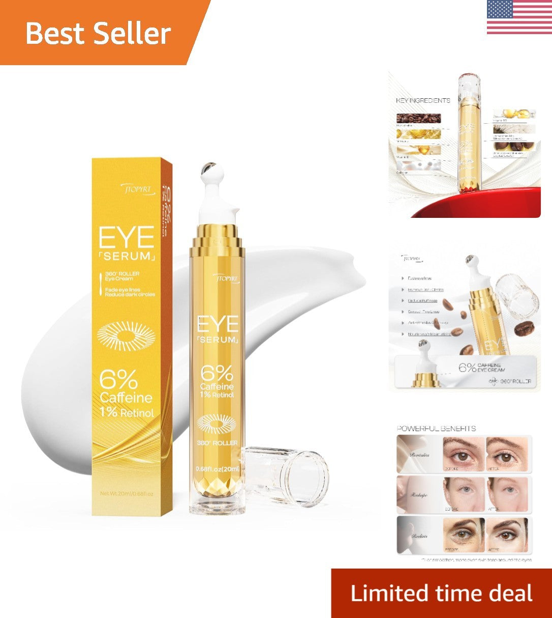 Caffeine Eye Cream with Massage Roller - Brighten & Reduce Puffiness, 20ml