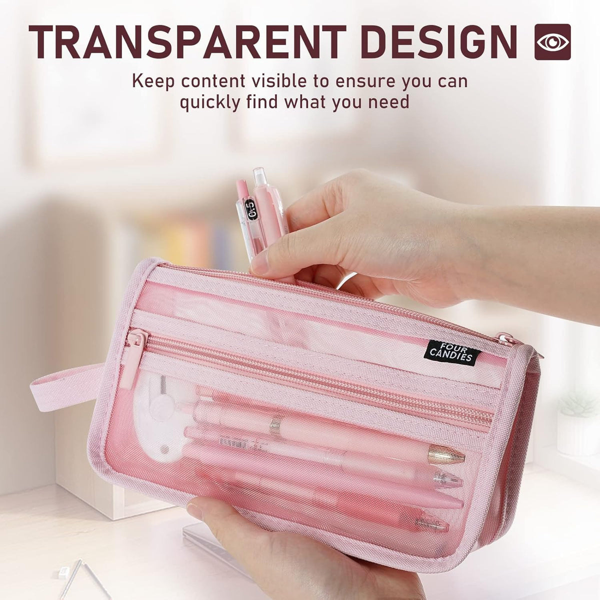 Large Capacity Clear Mesh Pencil Case with Handle, Double Layer Zipper Storage
