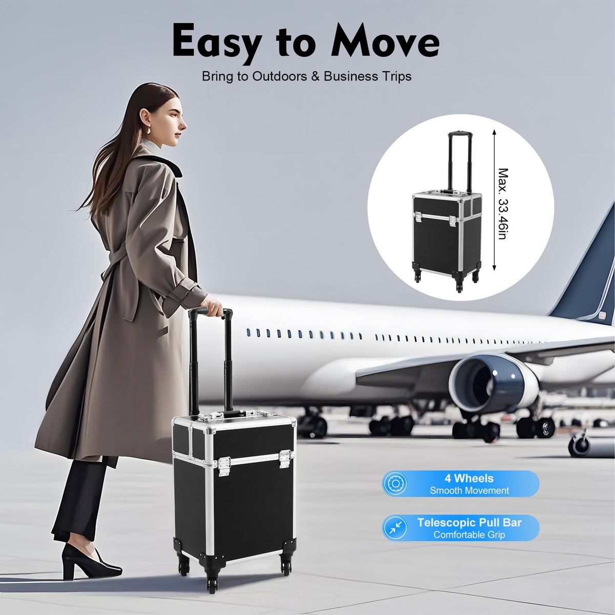 Travel Makeup Train Case with Multi-Layer Storage and Lock - Rolling Cosmetic Organizer