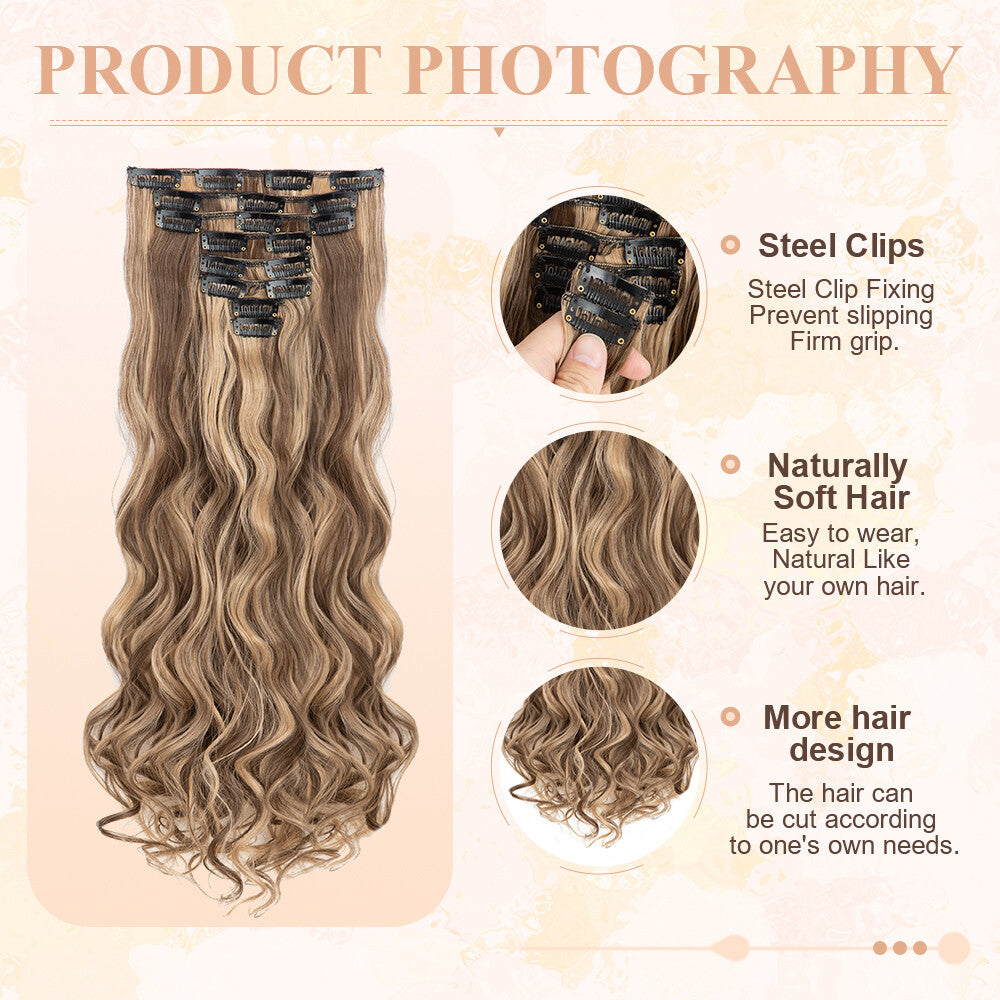 Clip-In Hair Extensions Full Head Ombre Highlight Synthetic Thick Hair 8-24 Inches